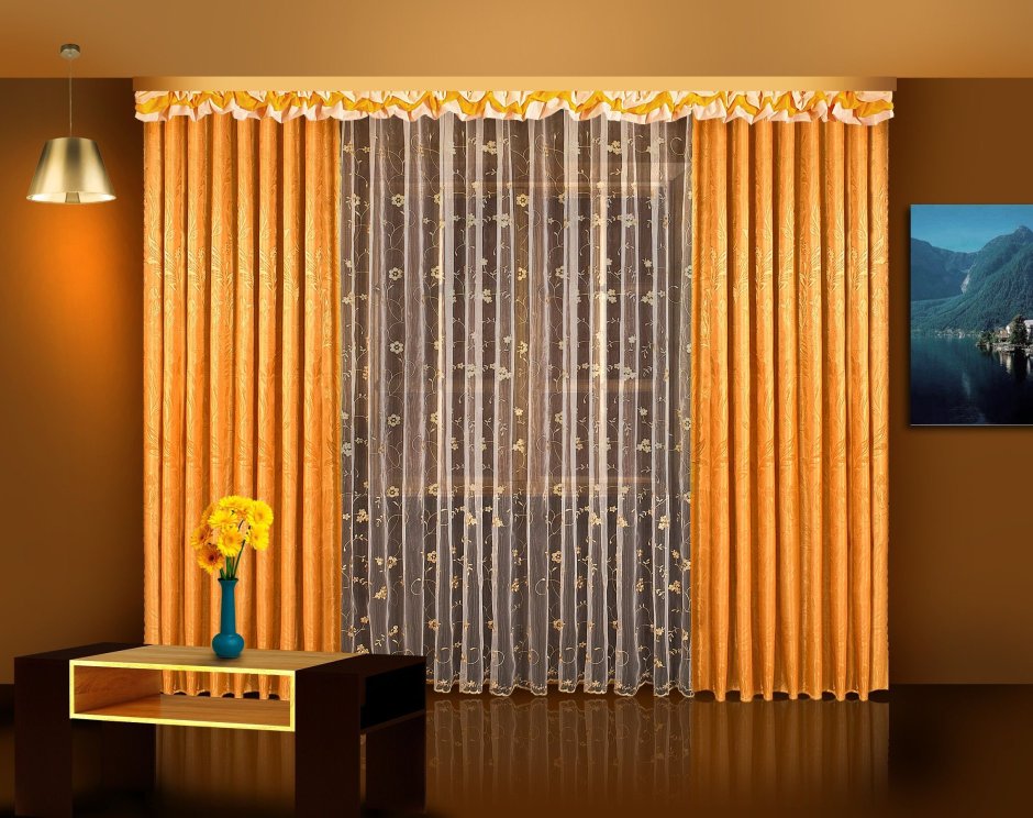 Оранжевые шторы в интерьере с мебелью