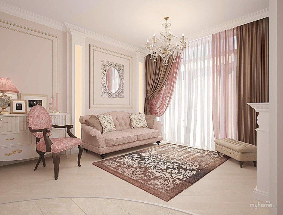 Пыльно розовые шторы в интерьере гостиной