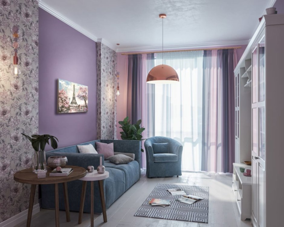 Комната с фиолетовым диваном