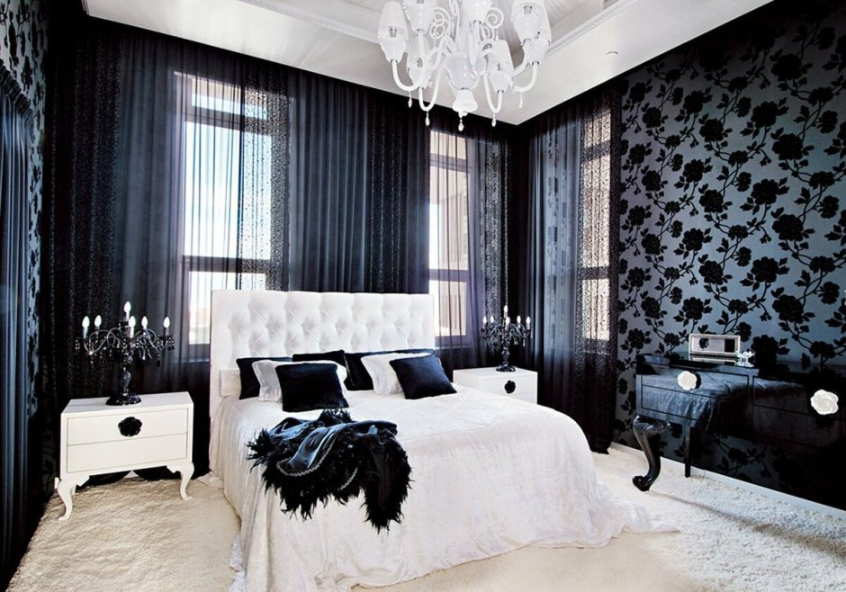 Чёрно белая спальня интерьер