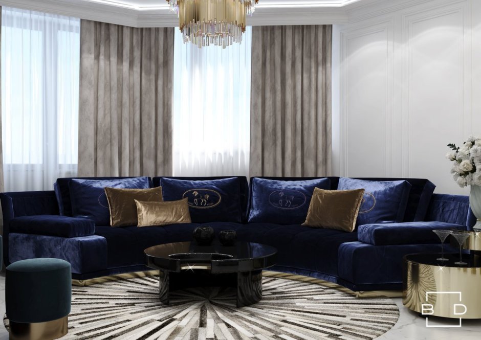 Дизайн гостиной с синими шторами (62 фото)