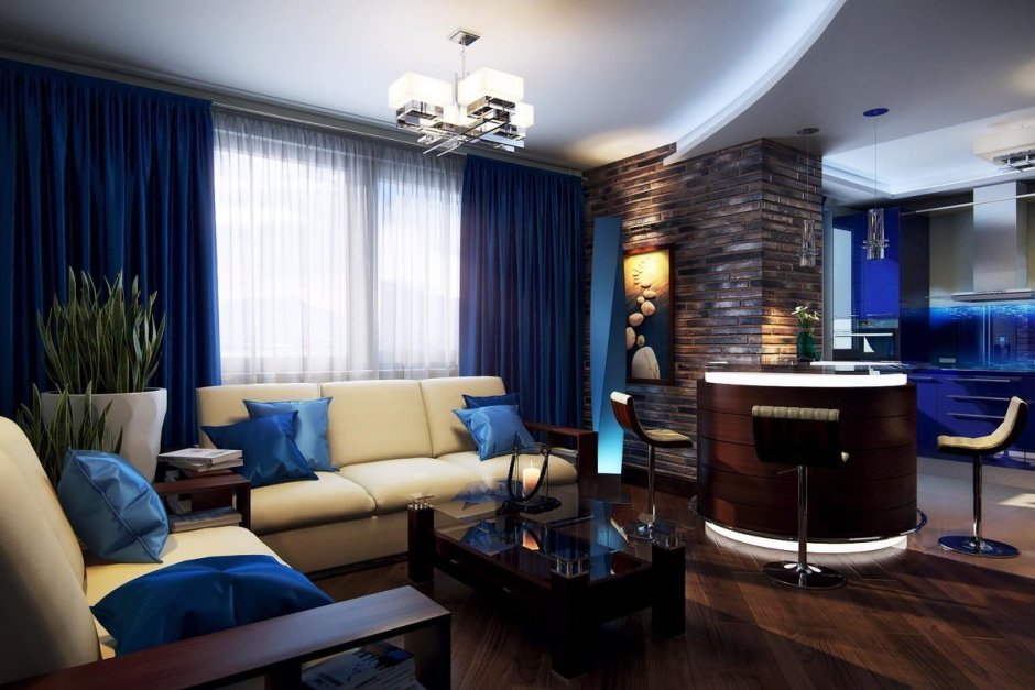 Современная классика синие шторы в гостиной