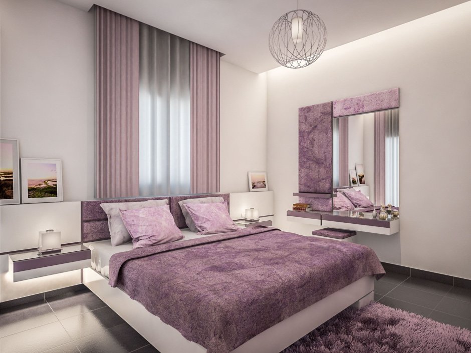 Спальня в розовых тонах с белой мебелью