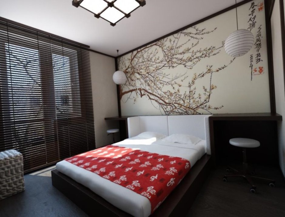 Кровать в японском стиле коричневая