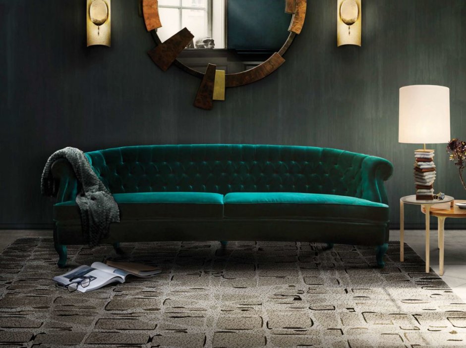 Зеленый диван с каретной стяжкой