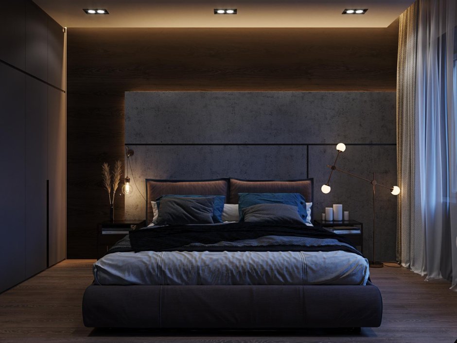 Спальня в современном стиле ночью