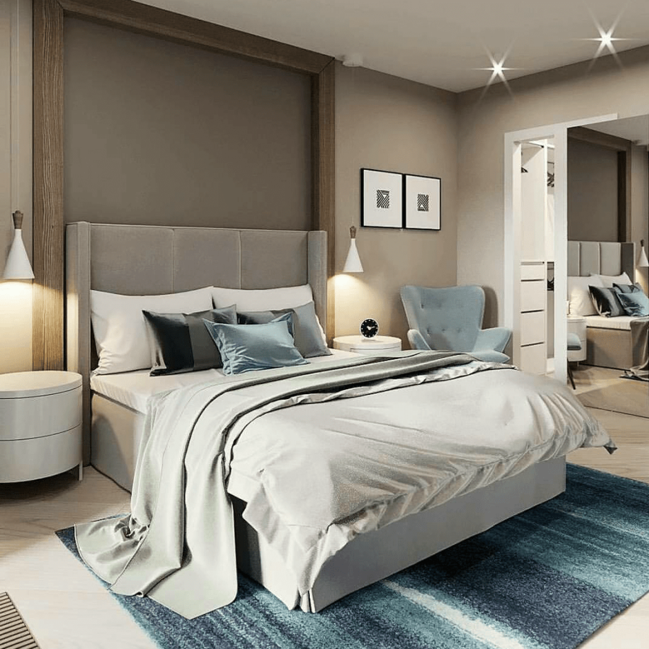 Дизайн спальни с гардеробной за изголовьем кровати