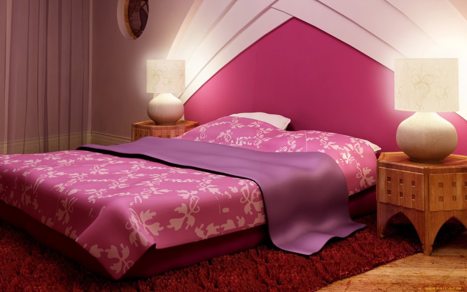 Розовая кровать в интерьере