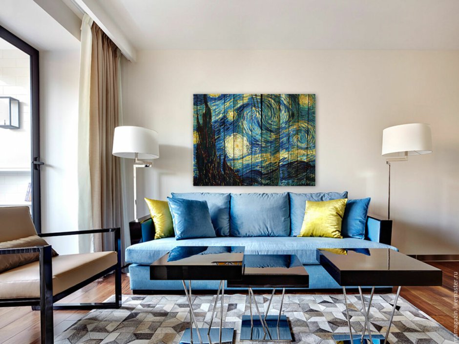 Синий диван в интерьере Сканди