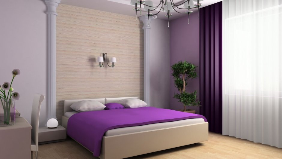 Фиолетовая кровать в интерьере спальни