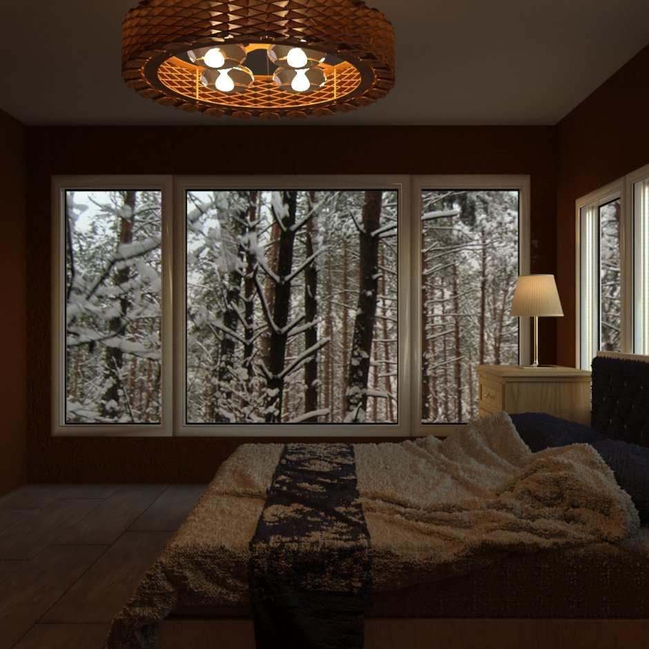 Спальня с панорамным окном в лесу