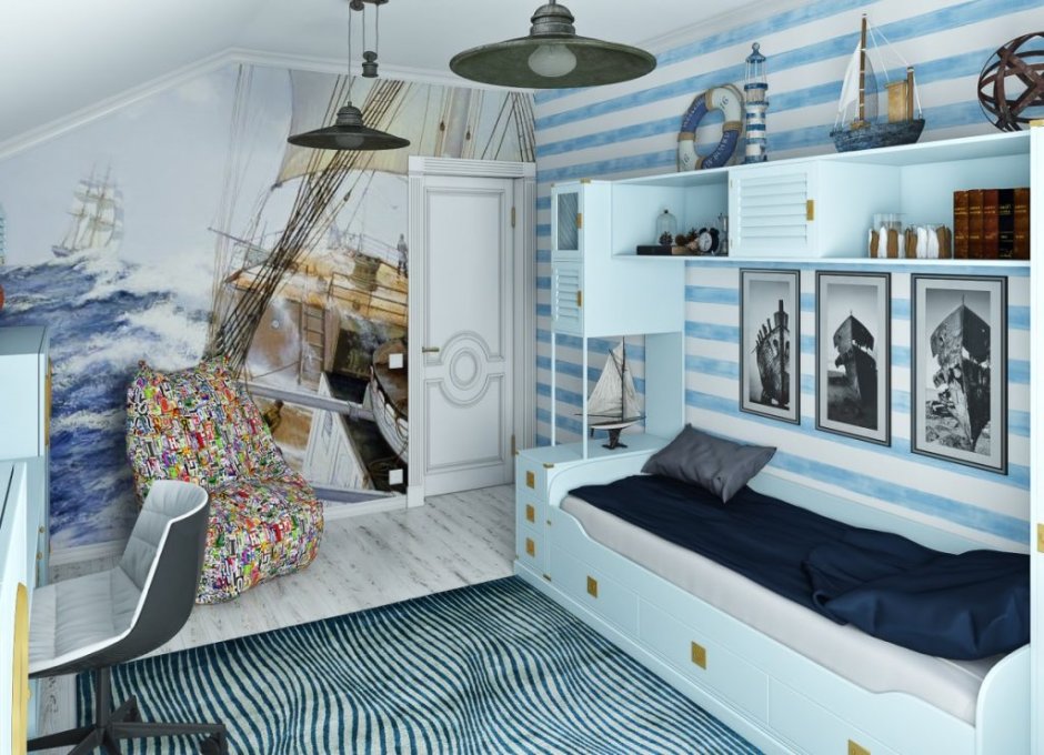 Уютные комнаты в морском стиле подростку