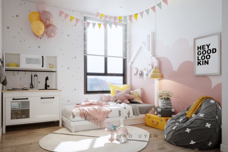 Желто розовая детская комната