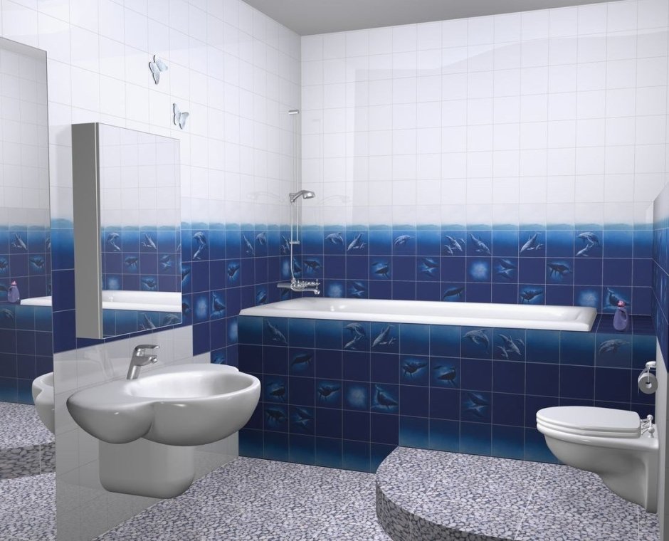 Бело синяя ванная комната