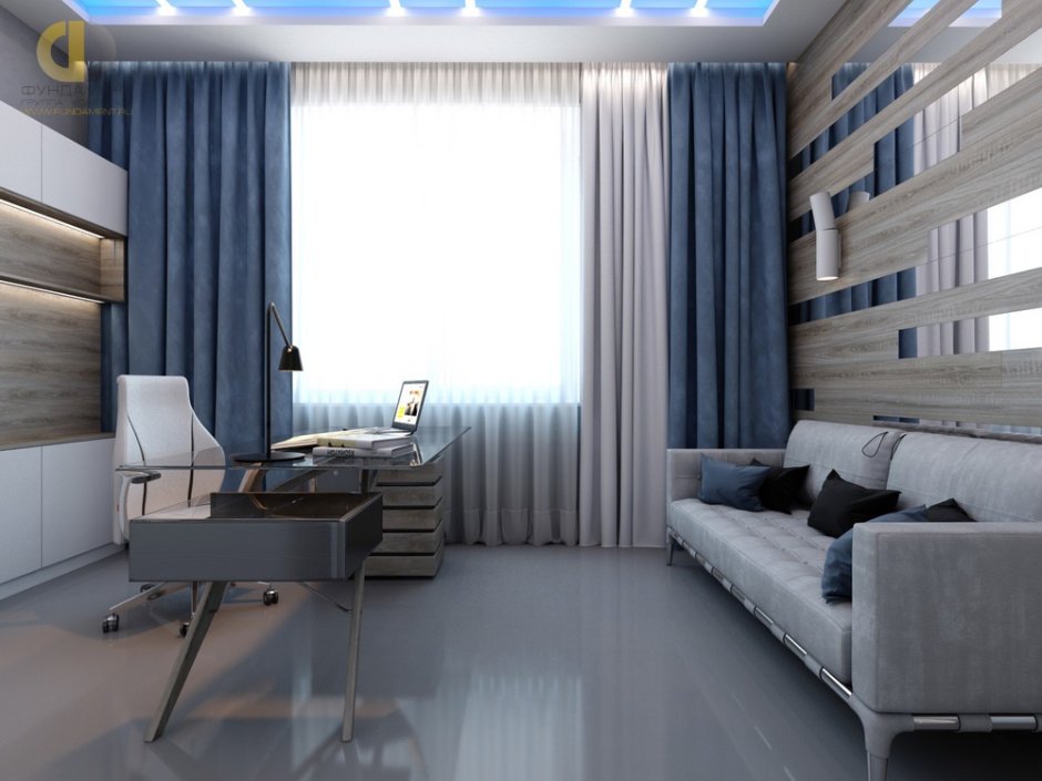Синие шторы в интерьере подростковой комнаты