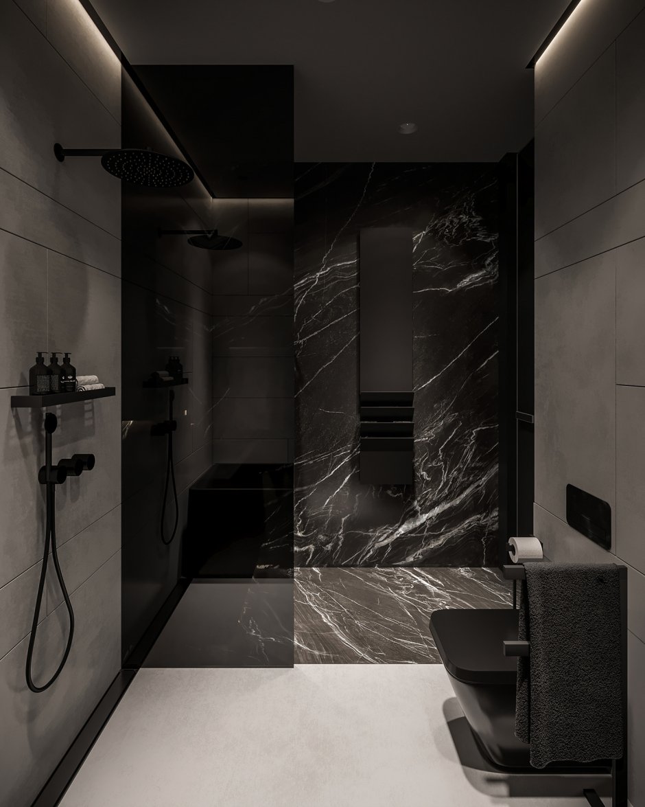 Черный интерьер ванной комнаты