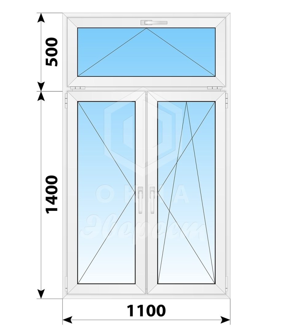 Двухстворчатое окно с фрамугой и поворотной и поворотно-откидной