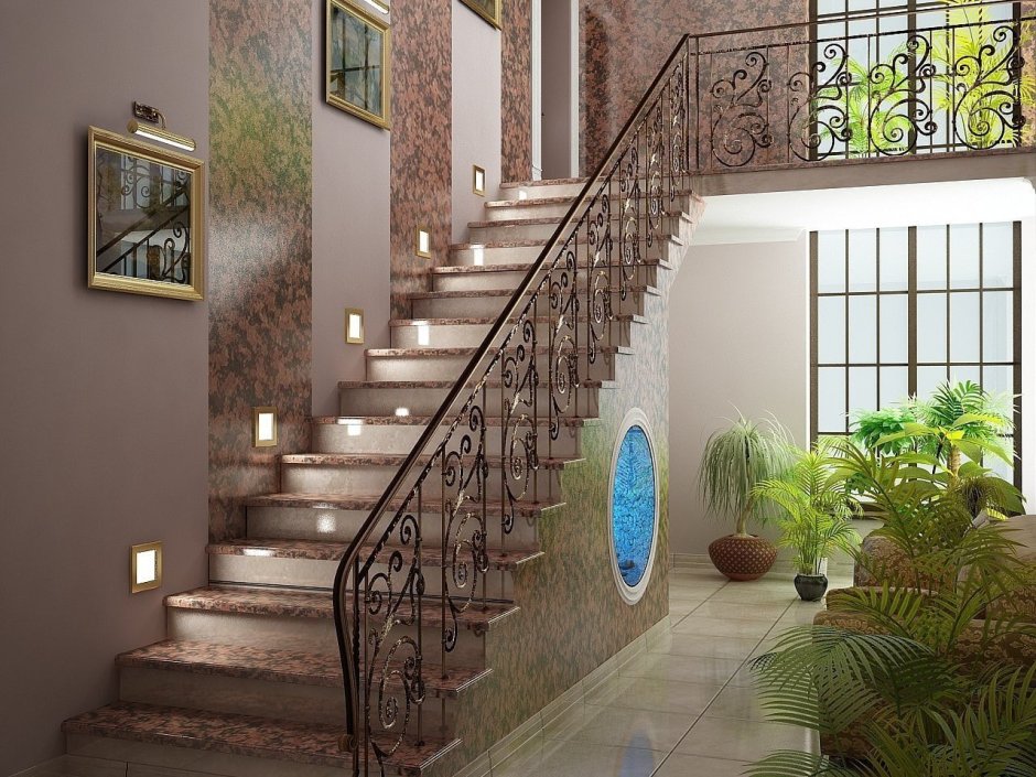 Интерьер холла с лестницей отделанный декоративным камнем