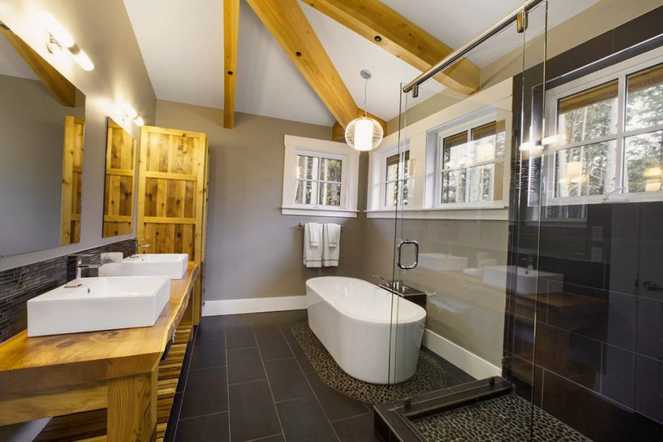 Ванная комната с деревянным полом (73 фото)