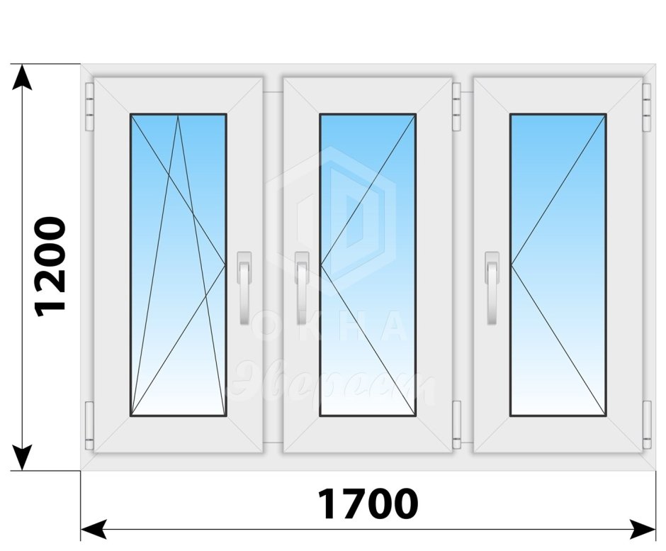 Окно ПВХ трехстворчатое однокамерное высота 1500 ширина 1750
