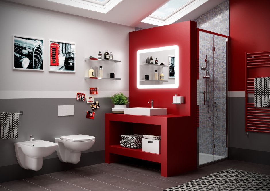 Белое красное ванная комната в современном стиле
