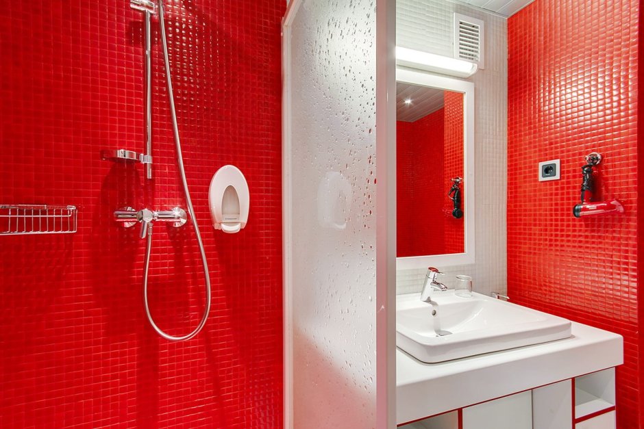 Ванная комната с душем в красных тонах