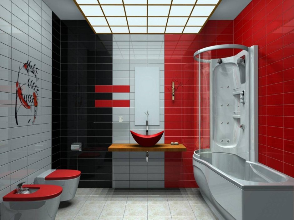 Белая ванная комната с красными аксессуарами