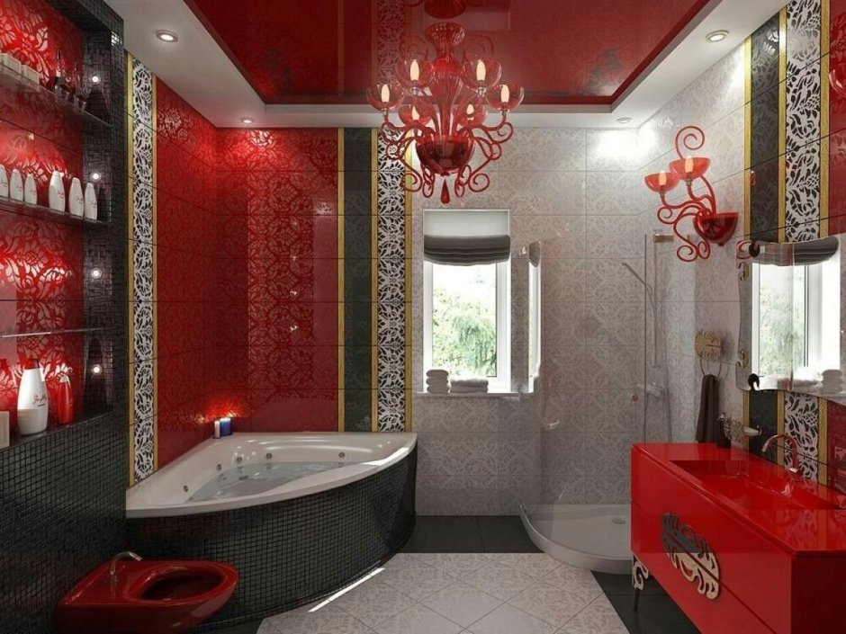 Черно бело красная ванная комната