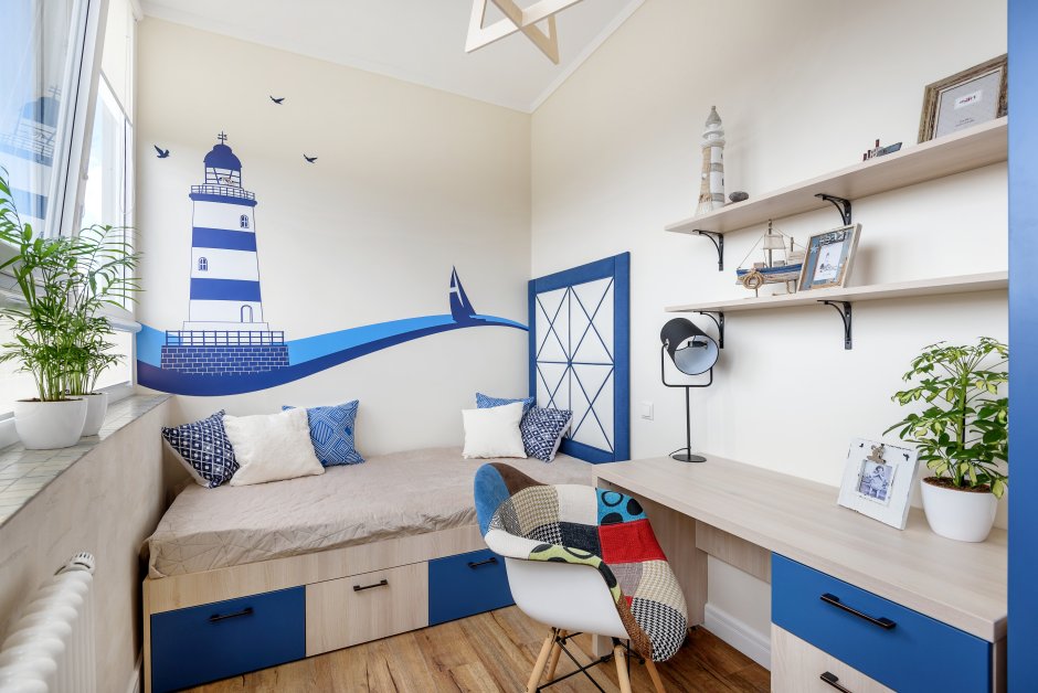 Дешевый дизайн квартиры в морском стиле голубых тонах