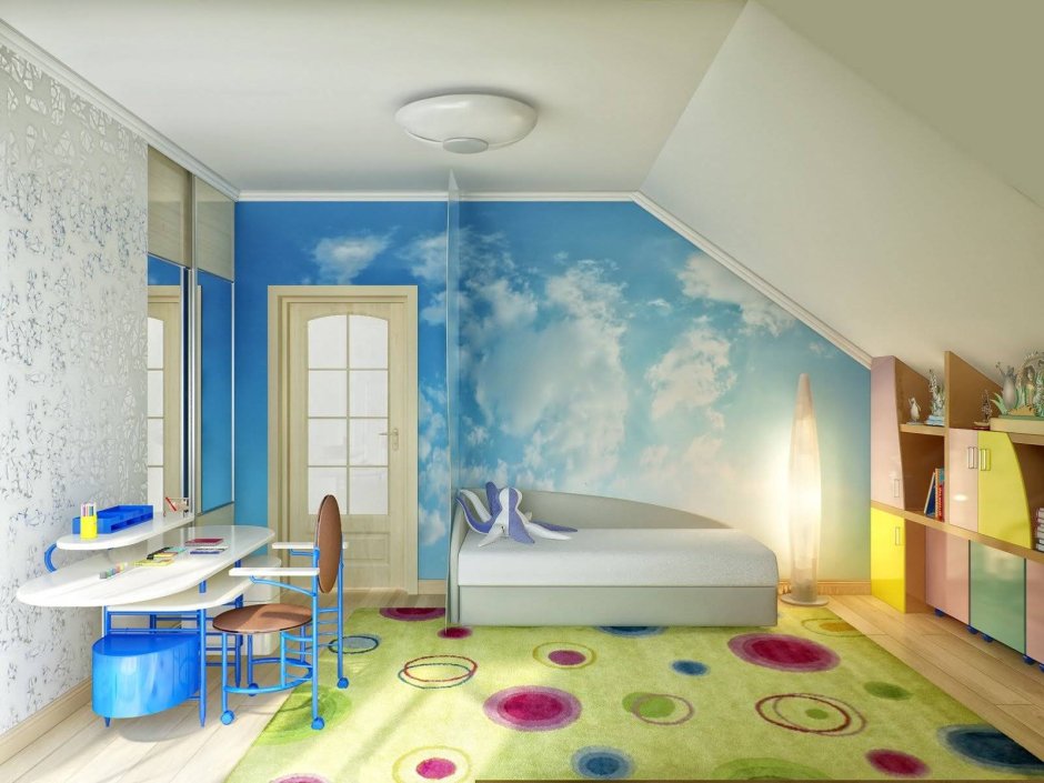 Детская комната с мансардной крышей (78 фото)