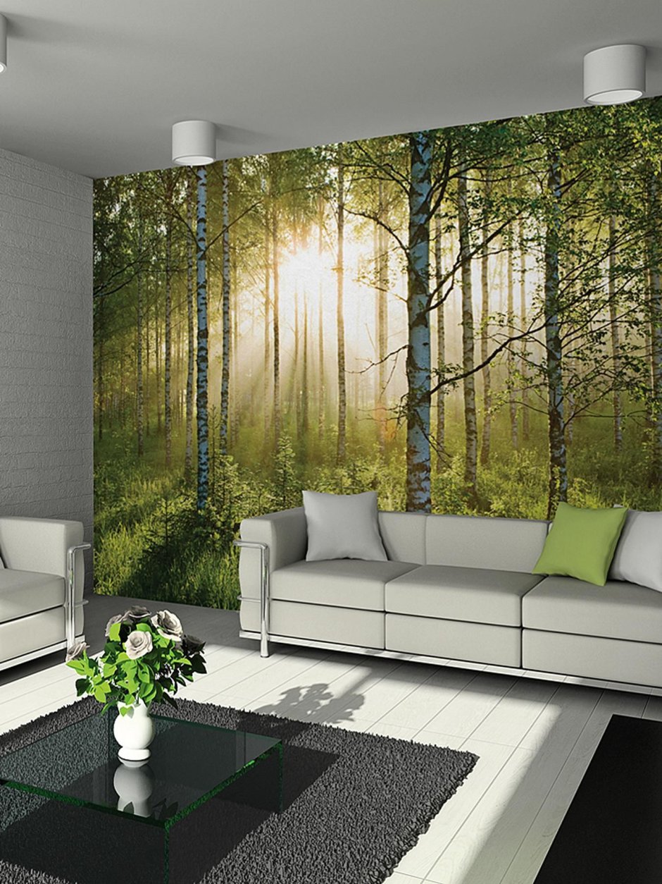 Фреска лес в интерьере гостиной