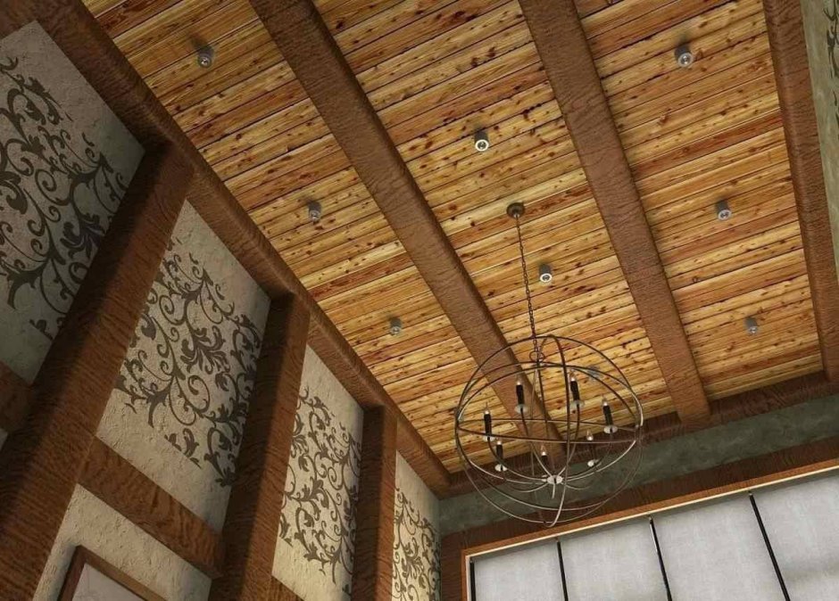 Отделка деревянного потолка в частном доме