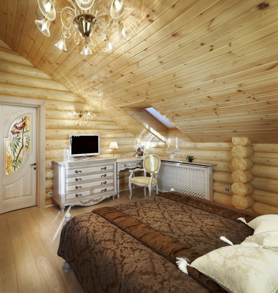 Спальня в доме из бревна