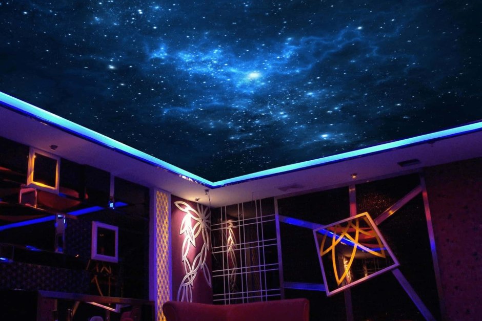 Потолок из гипсокартона с подсветкой для спальни звездное небо