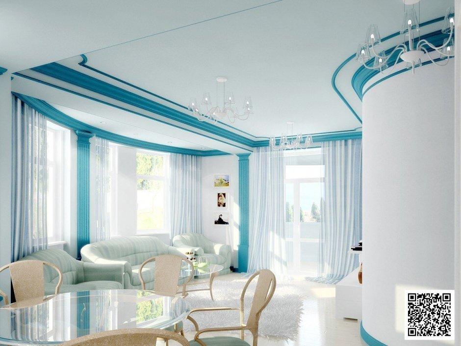 Голубой потолок спальня-гостиная