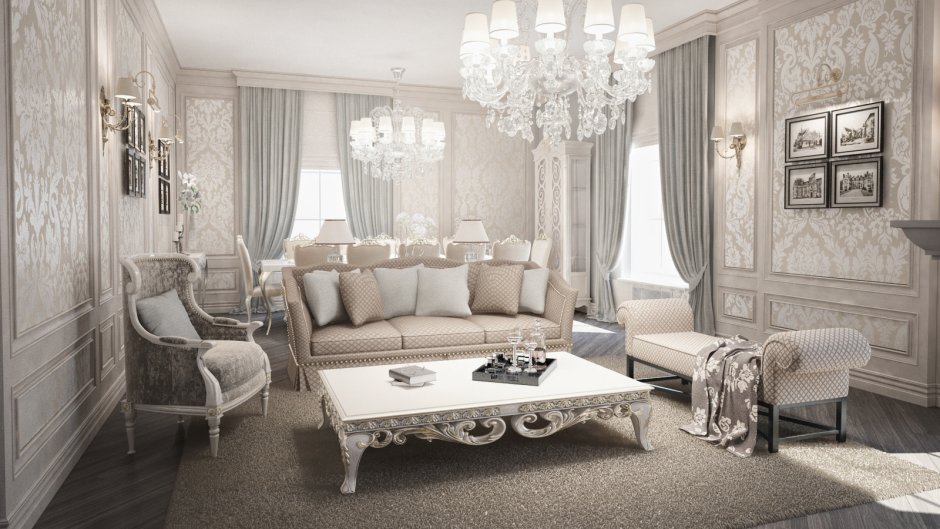 Интерьер белой гостиной в классическом стиле
