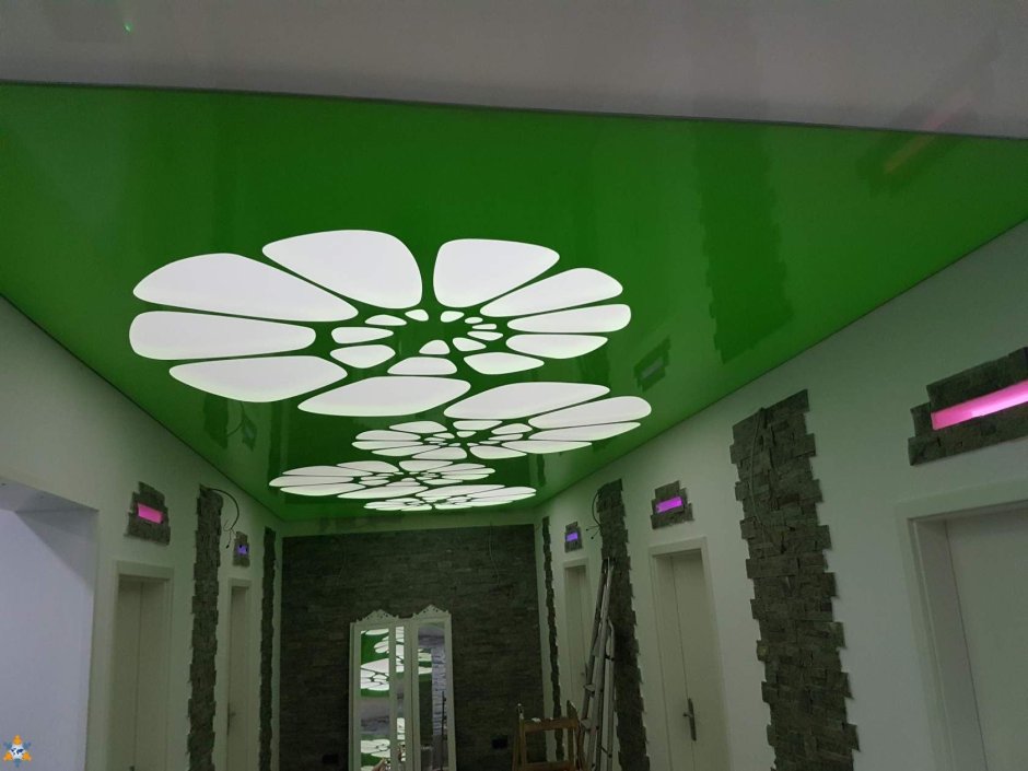 Натяжной потолок зеленый (60 фото)