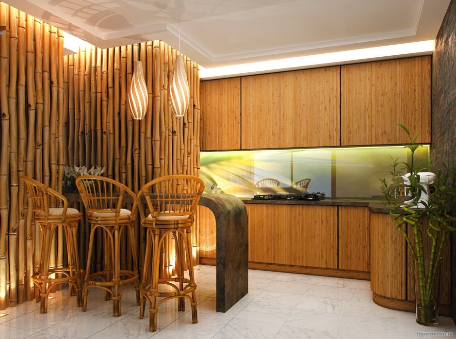 Бамбуковое полотно в интерьере гостиной