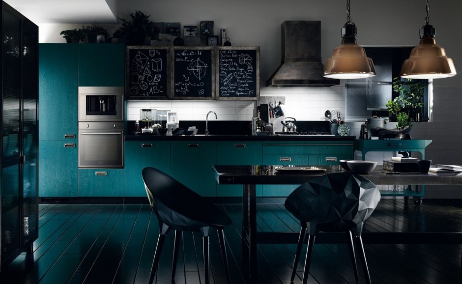 Синяя кухня в интерьере лофт (60 фото)