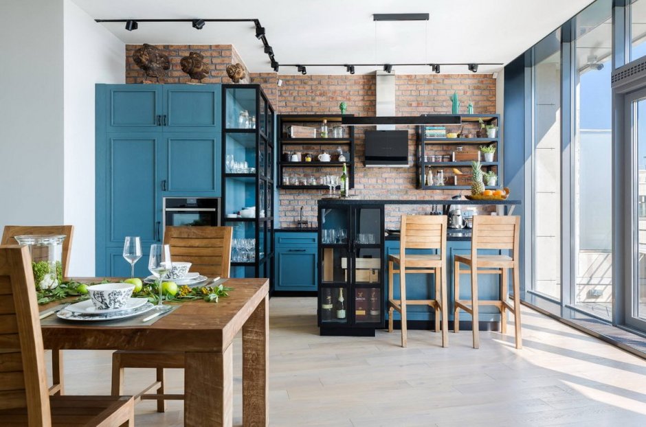 Синяя кухня гостиная