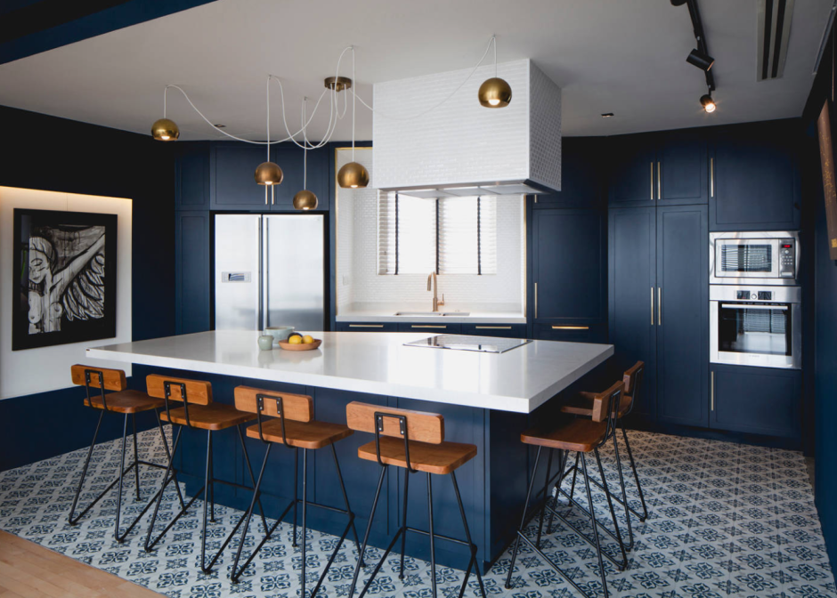 Кухня в стиле лофт в голубом цвете