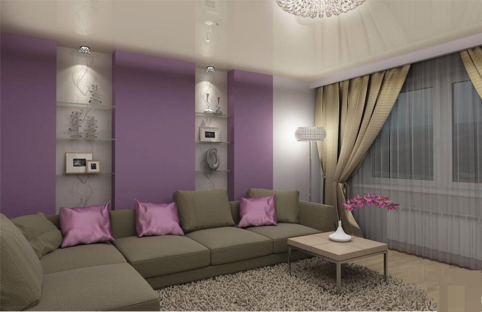 Розовые стены фиолетовый диван