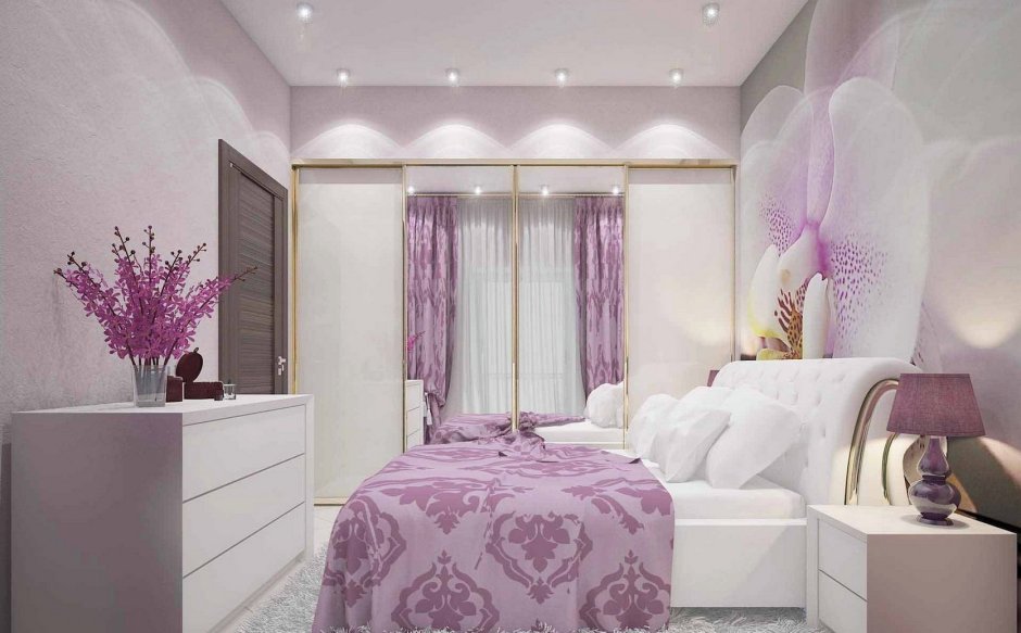 Сиреневая спальня с белой мебелью
