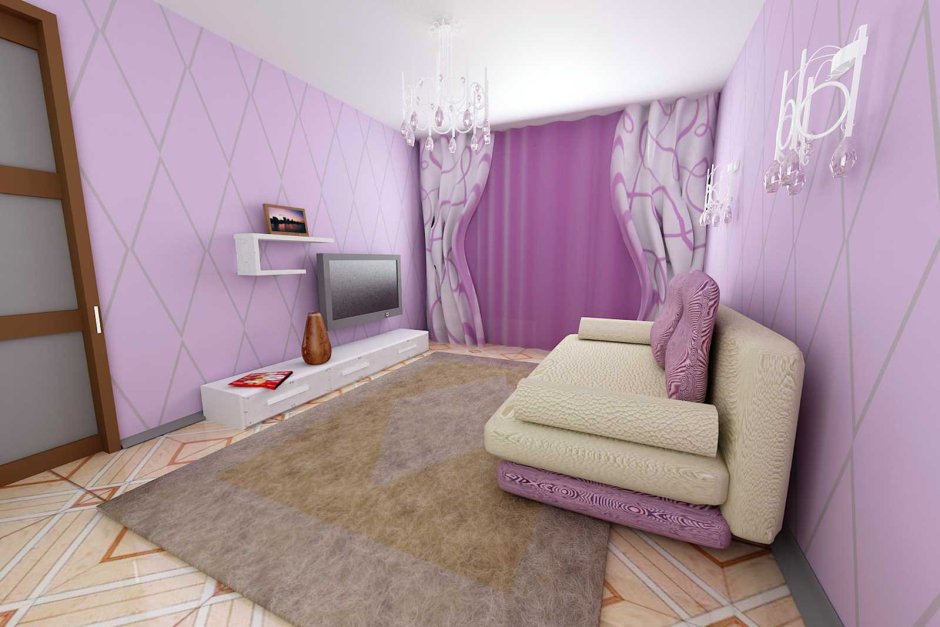 Интерьер зала фиолетового цвета