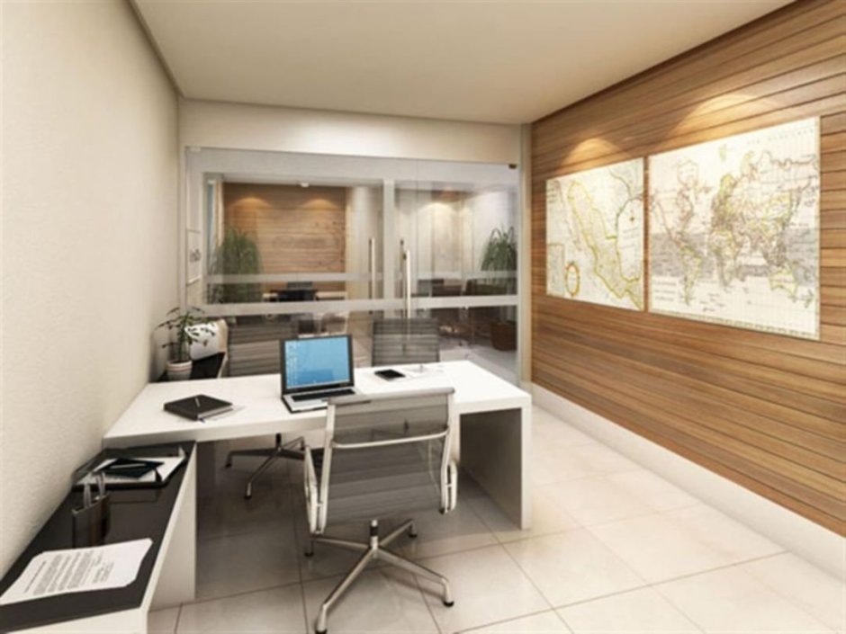 Дизайн маленького офиса с белым столом