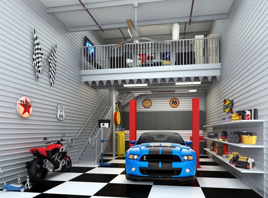 Синий интерьер в гараже
