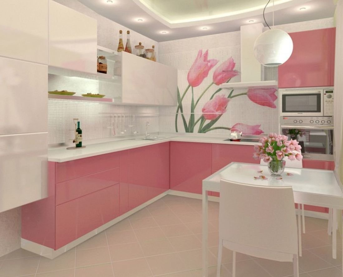 Интерьер кухни в розовых тонах