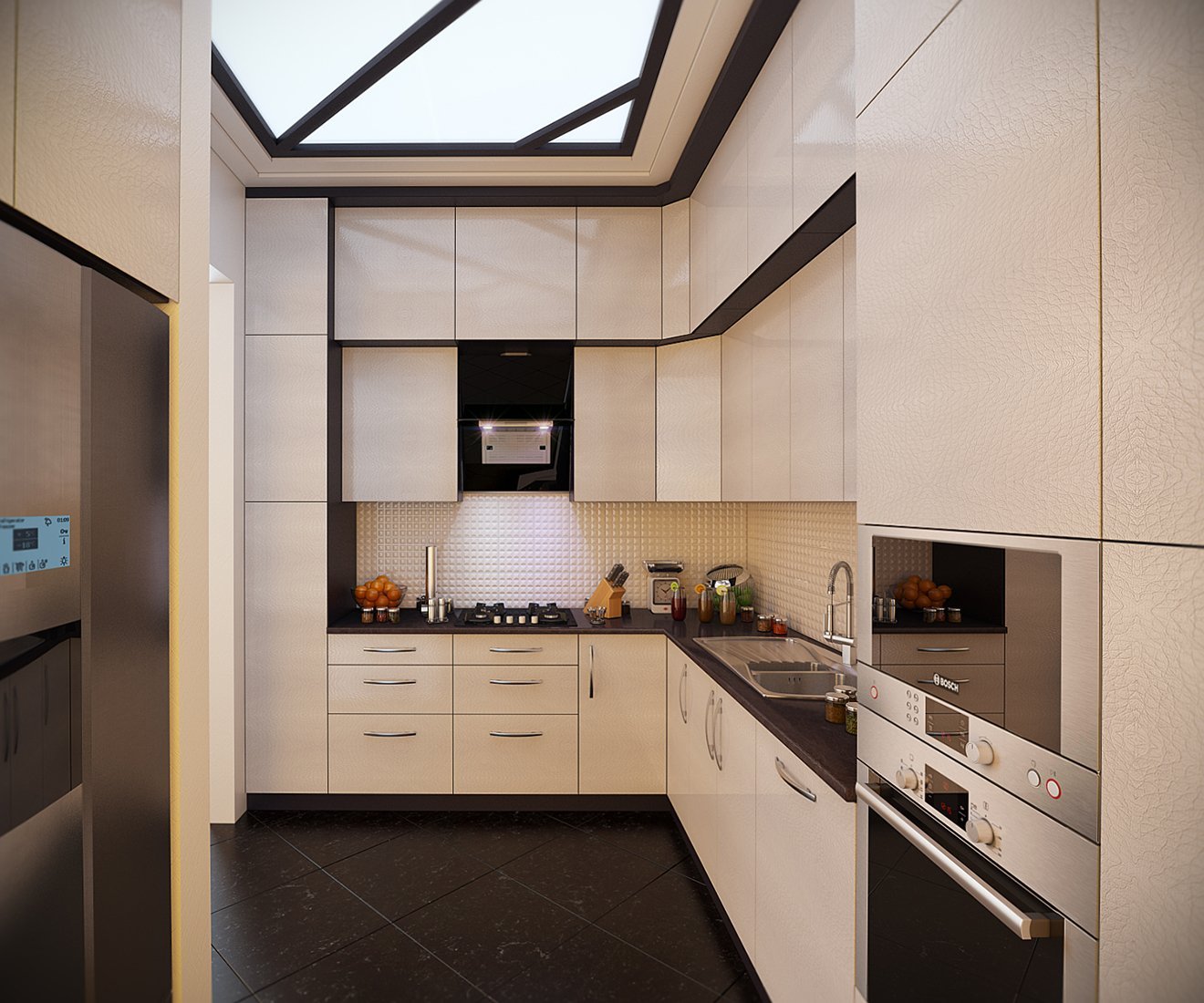 Угловая кухня с высокими потолками