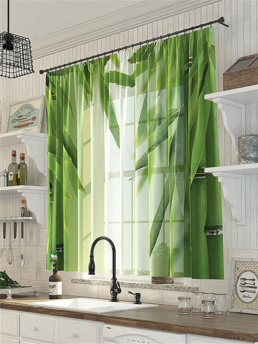 Зелёные кухонные шторы из вуали
