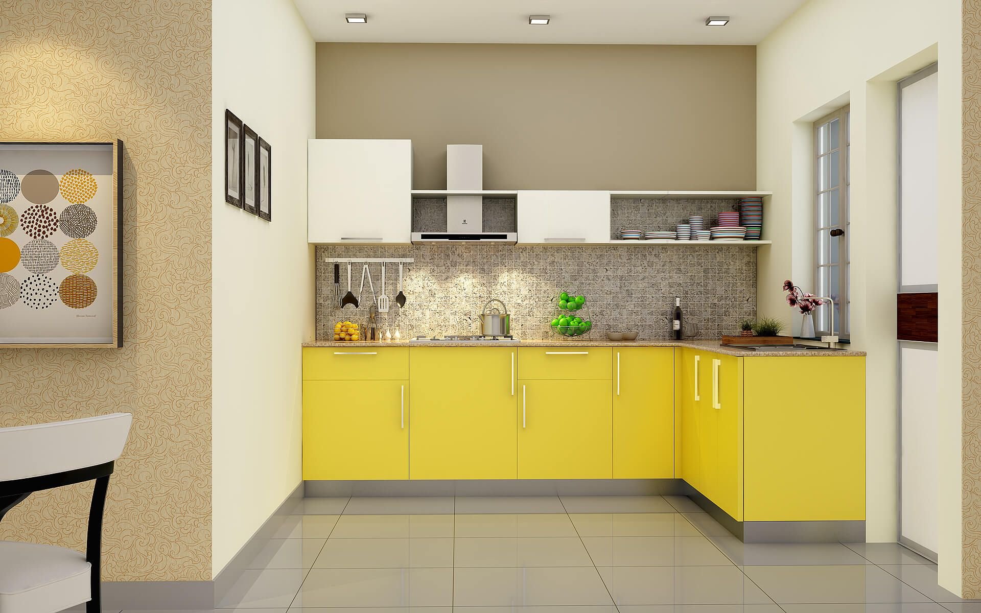Серый кухонный гарнитур с желтыми обоями